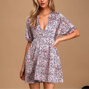 Pink Floral Satin Babydoll Dress